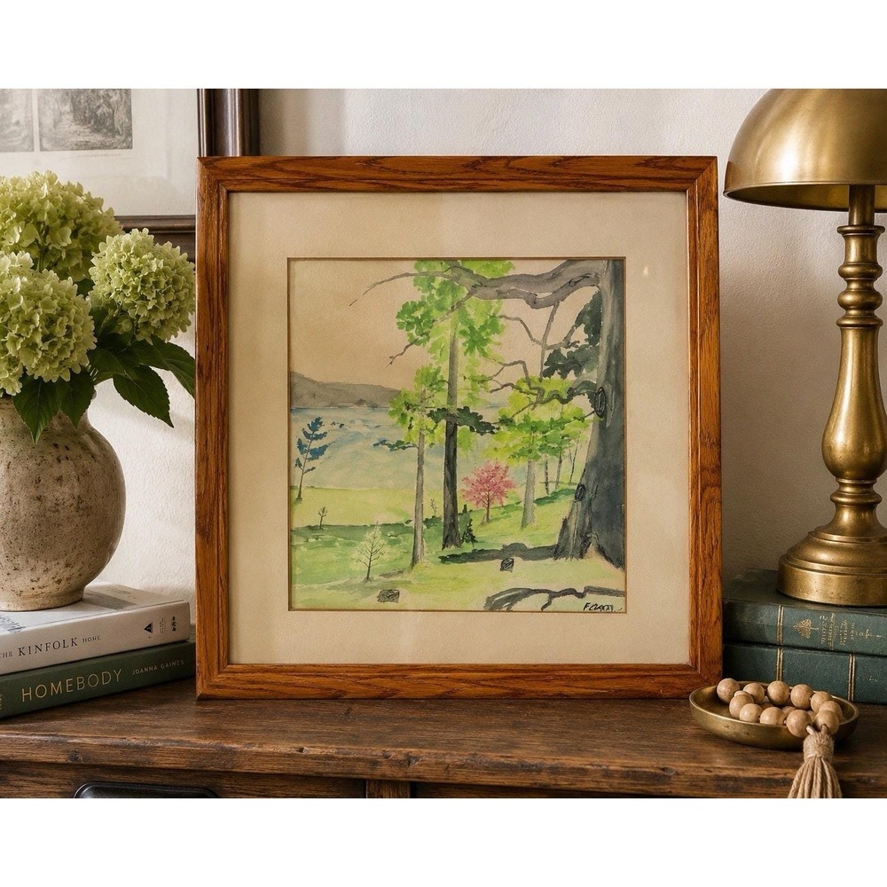 Signed Original Watercolor Landscape Painting Framed MCM Cottage Wall Art VTG